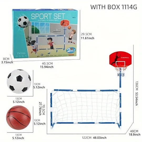 2 in 1 Kids Sports Set with Football Goal, Basketball Stand, 2 Balls & Pump