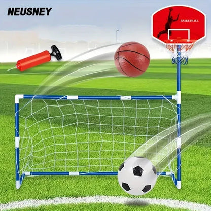 2 in 1 Kids Sports Set with Football Goal, Basketball Stand, 2 Balls & Pump
