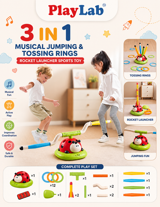 3 In 1 Musical Jump, Ring Toss Game, Stomps & Rocket Launcher for Kids