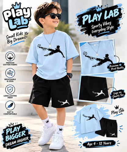 2pcs Boy Sporty Style Playing Soccer Graphic Crew Neck T-Shirt+Shorts New Summer Fashionable Comfortable Set