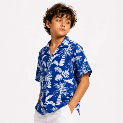 Kids Tropical Blue Printed Half Sleeve Shirt – Premium China Poly Cotton Summer Casual Shirt (1-14 Years)