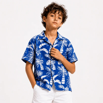 Kids Tropical Blue Printed Half Sleeve Shirt – Premium China Poly Cotton Summer Casual Shirt (1-14 Years)