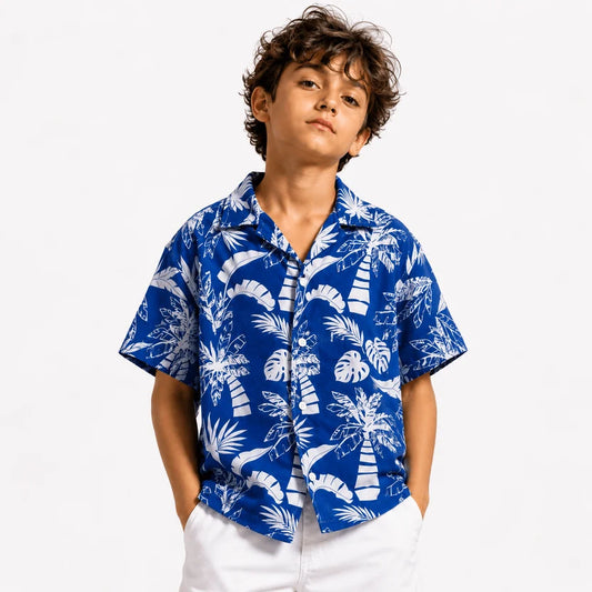 Kids Tropical Blue Printed Half Sleeve Shirt – Premium China Poly Cotton Summer Casual Shirt (1-14 Years)